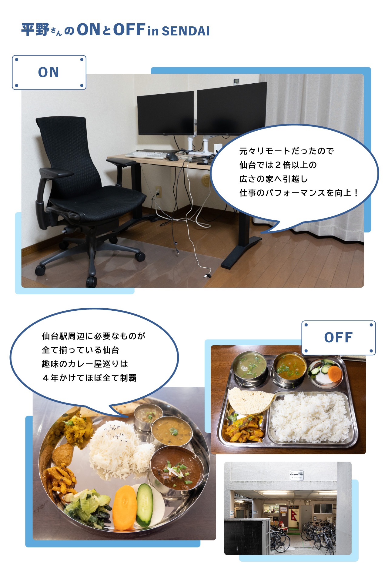平野さんのオンオフ仕事場風景やカレーの写真が載っている